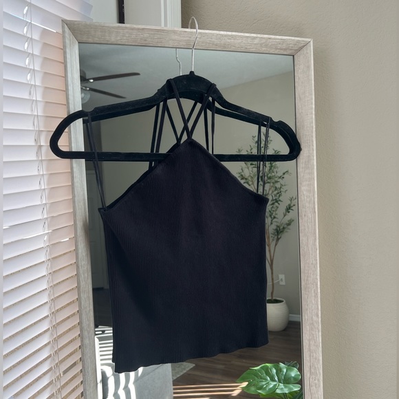 Zara Tops - Zara Ribbed V-Strap Cropped Black Tank Top